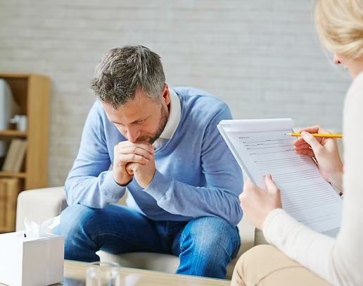 Man in a therapy session while a clinician takes notes