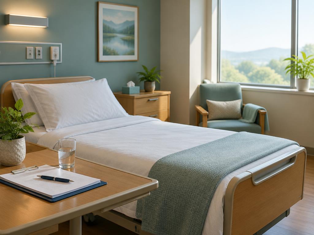 Calm private medical detox room with a made bed and a window view